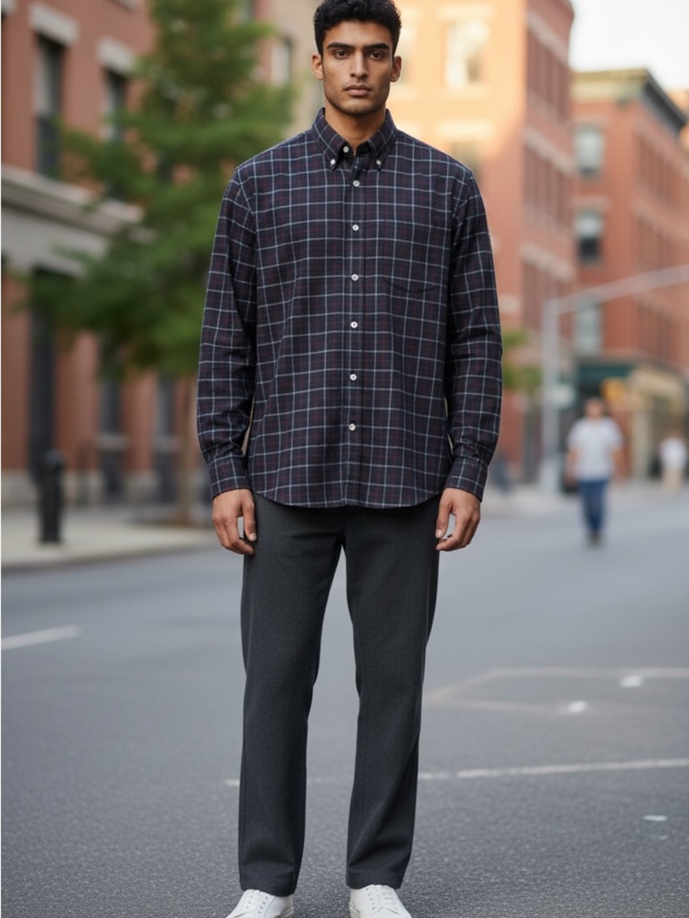 Lands' End Men's tall Plaid Button-Down Shirt with Blue Windowpane Oxford 16